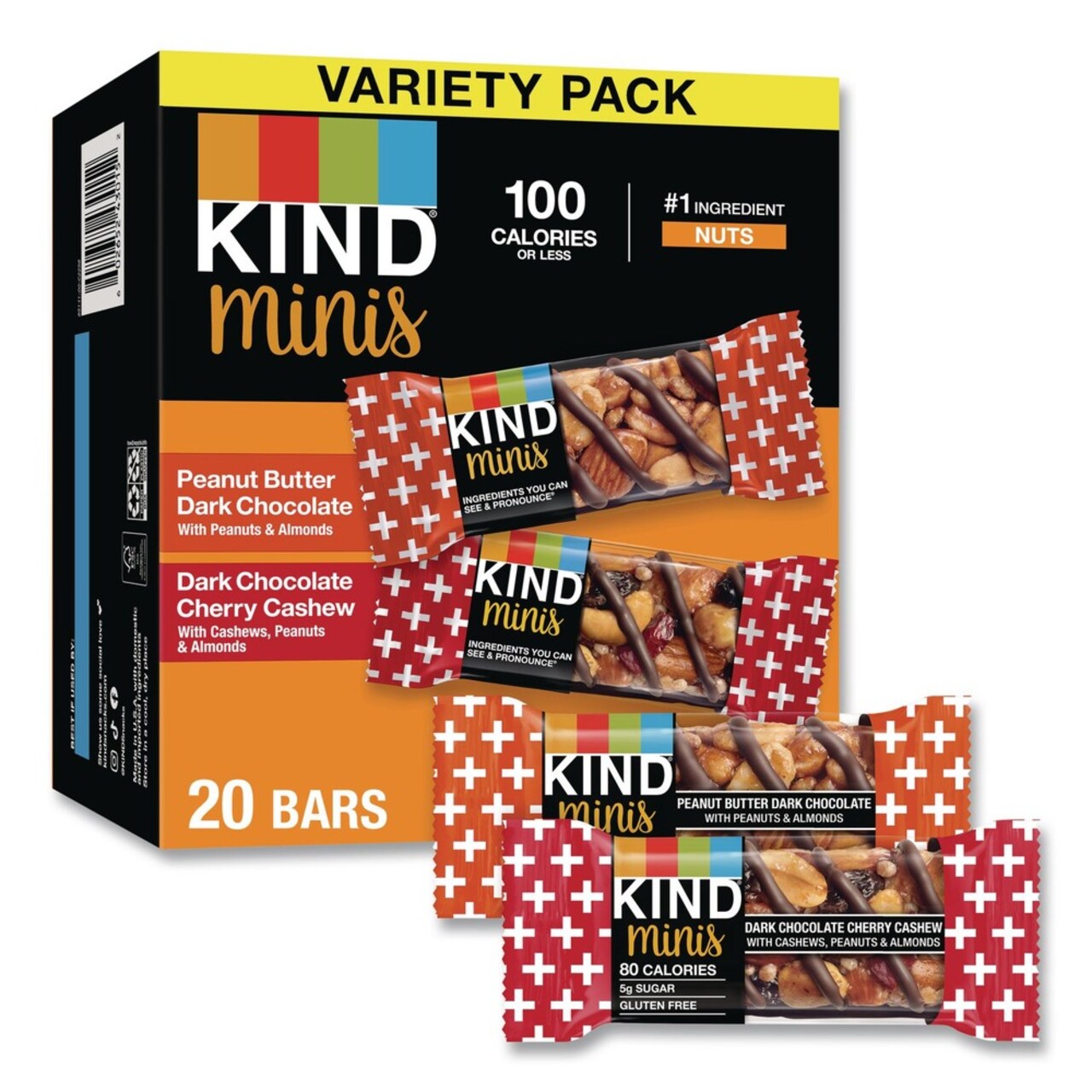 KIND 0.74 oz Minis Variety Pack - Dark Chocolate Cherry Cashew/Peanut Butter Dark Chocolate (20/Box)